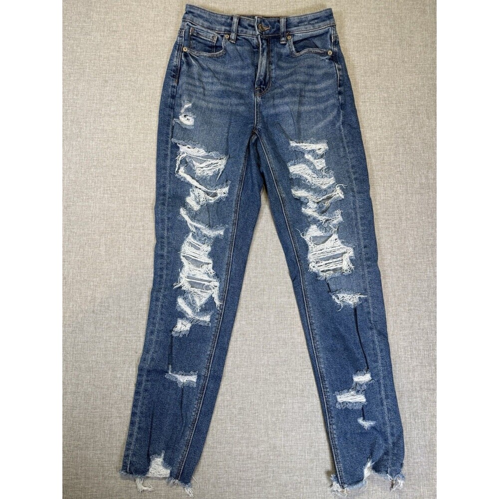 American Eagle Mom Jean Extreme Distressed Ripped Denim High Rise Size 0 Reg